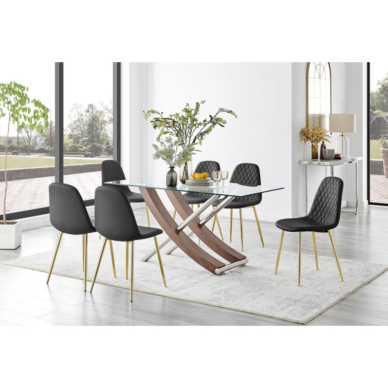 Furniture Box Mayfair Glass & Brown Wood Effect Dining Table & 6 Faux